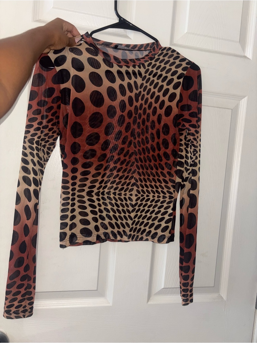AKIRA Sheer Polka Dot Gradient Long Sleeve Top in Brown and Black